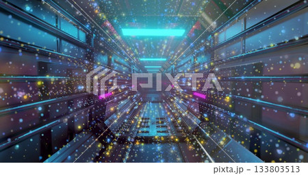 Glowing metal corridor reflecting neon lights on floor in spaceship tunnel with floating particles 133803513