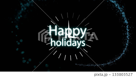Displaying glowing turquoise Happy holidays text with tick marks and swirling light on black canvas Displaying glowing turquoise Happy holidays text with tick marks and swirling light on black canvas 133803527