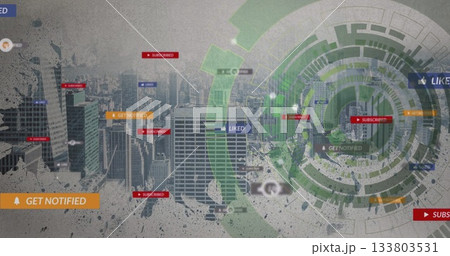 Showing green interface over skyscraper skyline with bell icons, SUBSCRIBED, LIKED tags, copy space 133803531