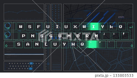 Showing keyboard interface flashing green keys on dashboard, with data panels and city map overlay Showing keyboard interface flashing green keys on dashboard, with data panels and city map overlay 133803533