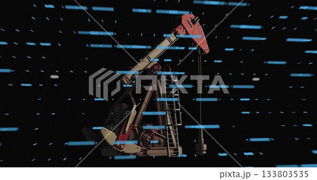 Showing oil pump jack with red horsehead, beam, ladder against void, scanning blue data bars Showing oil pump jack with red horsehead, beam, ladder against void, scanning blue data bars 133803535
