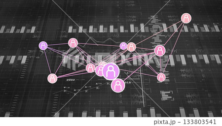 Displaying connected circular user icons floating on dark dashboard grid, with bar chart segments 133803541