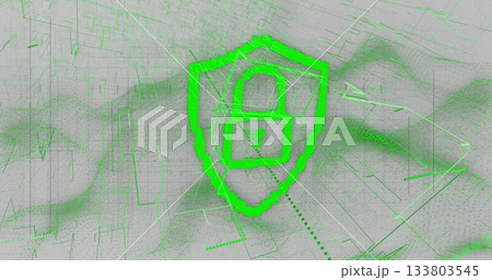 Floating neon green shield displaying padlock icon in abstract digital network, with dotted path Floating neon green shield displaying padlock icon in abstract digital network, with dotted path 133803545