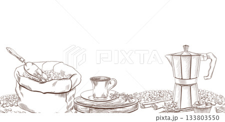 Seamless border metal geyser coffee maker,coffee beans,cinnamon,vanilla pods and flowers,chocolate,sweet dessert Turkish delight,burlap sack,metal scoop,cup of cofee with anise on wooden serving board Seamless border metal geyser coffee maker,coffee beans,cinnamon,vanilla pods and flowers,chocolate,sweet dessert Turkish delight,burlap sack,metal scoop,cup of cofee with anise on wooden serving board 133803550