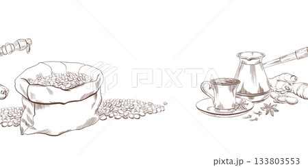 Seamless border with a Turkish coffee pot,cup of hot coffee on a saucer with anise,cloves and ginger spices,canvas bag with roasted coffee beans as template for decorating coffee shop 133803553