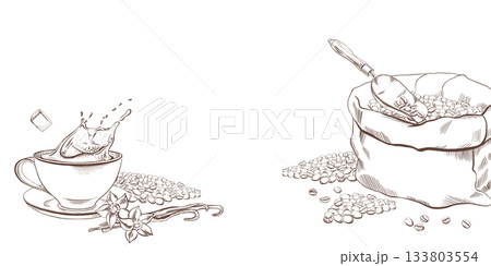 Coffee template with coffee cup with splashing liquid as a sugar cube drops inside,Coffee beans pile,Vanilla pods and blossoms,burlap sack,vintage metal scoop with a wooden handle in vector graphic Coffee template with coffee cup with splashing liquid as a sugar cube drops inside,Coffee beans pile,Vanilla pods and blossoms,burlap sack,vintage metal scoop with a wooden handle in vector graphic 133803554