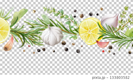 Watercolor illustration of a vibrant border featuring rosemary, thyme, garlic, lemon, and peppercorns. Isolated on transparent background Watercolor illustration of a vibrant border featuring rosemary, thyme, garlic, lemon, and peppercorns. Isolated on transparent background 133803582