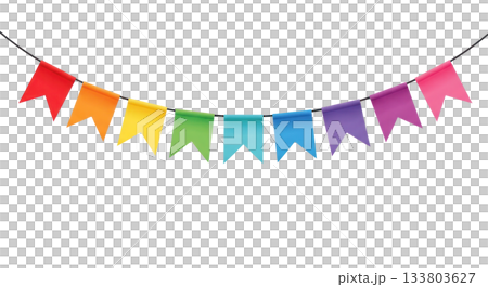 Colorful decorative flags in a vibrant rainbow arrangement on a string . Isolated on transparent background Colorful decorative flags in a vibrant rainbow arrangement on a string . Isolated on transparent background 133803627