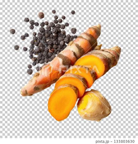 Fresh turmeric roots sliced with whole roots and black peppercorns on a bright background showcasing vibrant colors and textures. Isolated on transparent background Fresh turmeric roots sliced with whole roots and black peppercorns on a bright background showcasing vibrant colors and textures. Isolated on transparent background 133803630