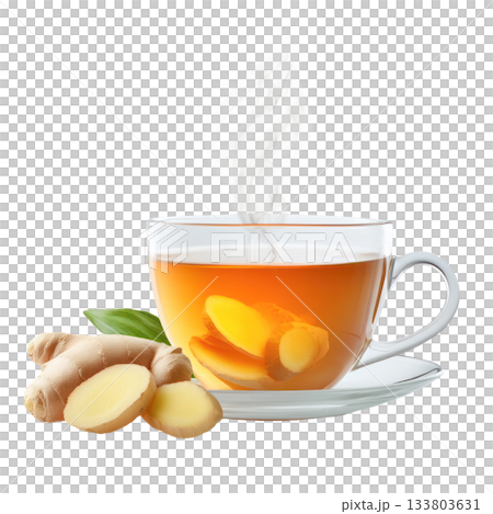 Hot ginger tea in a clear cup with floating ginger slices and steam, perfect for cozy moments and relaxation. Isolated on transparent background Hot ginger tea in a clear cup with floating ginger slices and steam, perfect for cozy moments and relaxation. Isolated on transparent background 133803631