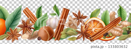 Watercolor illustration of a vibrant border featuring spices, herbs, and citrus fruits with rich textures and colors for culinary design. Isolated on transparent background Watercolor illustration of a vibrant border featuring spices, herbs, and citrus fruits with rich textures and colors for culinary design. Isolated on transparent background 133803632