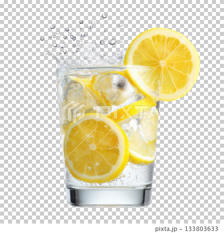 Glass of sparkling lemon soda with fresh lemon slices and ice, capturing refreshing summer vibes and vibrant colors. Isolated on transparent background 133803633