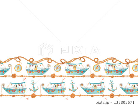 Watercolor nautical border with fishing boats, compasses, anchors, sailor knots and twisted ropes for kids decor, cards or posters 133803671