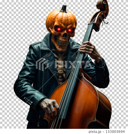 This image shows a skeleton with a pumpkin head playing a double bass 133803694