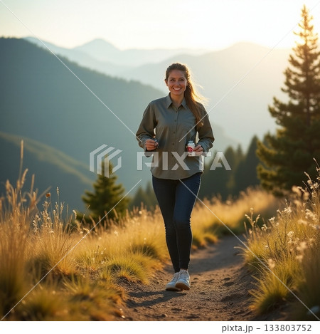 Joyful woman jogging along mountain trail at sunset Generative AI 133803752
