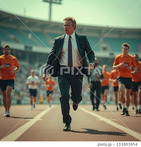 Running in a suit while athletes train at the stadium Generative AI 133803954