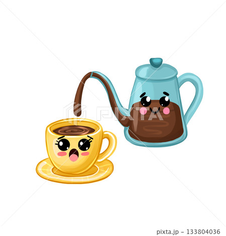 Illustration of a cute cartoon couple with a coffee pot and a cup of coffee. Illustration of a cute cartoon couple with a coffee pot and a cup of coffee. 133804036