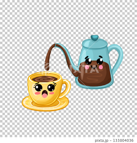 Illustration of a cute cartoon couple with a coffee pot and a cup of coffee. Illustration of a cute cartoon couple with a coffee pot and a cup of coffee. 133804036