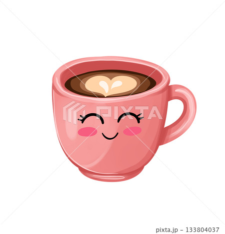 Illustration of a cute cartoon pink mug with a smile and a heart. Latte art. Coffee. Illustration of a cute cartoon pink mug with a smile and a heart. Latte art. Coffee. 133804037