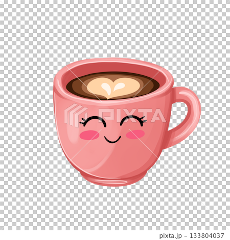 Illustration of a cute cartoon pink mug with a smile and a heart. Latte art. Coffee. Illustration of a cute cartoon pink mug with a smile and a heart. Latte art. Coffee. 133804037