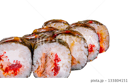 Sushi rolls with colorful fillings placed neatly on a white background Sushi rolls with colorful fillings placed neatly on a white background 133804151