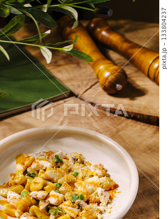 Delicious pasta dish served on rustic wooden table with greenery 133804237