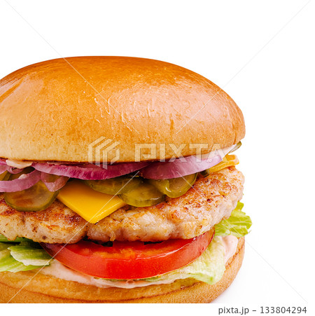 Delicious chicken burger with fresh toppings on a soft bun Delicious chicken burger with fresh toppings on a soft bun 133804294