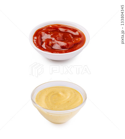 Popular condiments served in small bowls at a casual dining setting 133804345