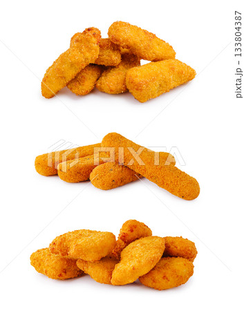 Delicious assortment of crispy fried snacks on a white background 133804387