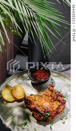 Delicious grilled chicken served with sauce and seasoned potatoes at restaurant Delicious grilled chicken served with sauce and seasoned potatoes at restaurant 133804446