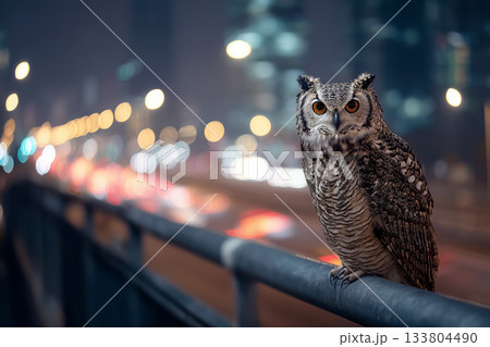 Wild owl looking sideways with blurred city lights in background. 133804490