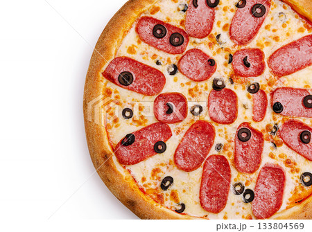 Pepperoni pizza topped with olives on a clean white background 133804569