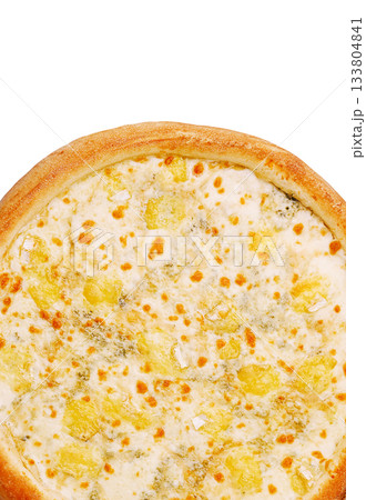 Delightful cheese and pineapple pizza on a golden crust ready to enjoy 133804841
