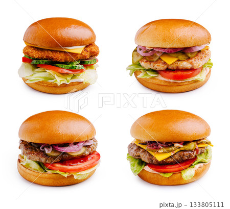 Delicious assortment of gourmet burgers with fresh ingredients Delicious assortment of gourmet burgers with fresh ingredients 133805111