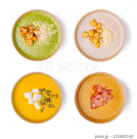 Colorful bowls of delicious soups served in a contemporary style Colorful bowls of delicious soups served in a contemporary style 133805142