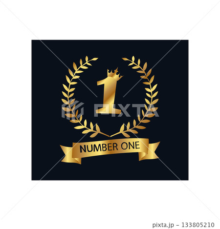 Golden Number One Award Emblem with Laurel Wreath golden 1 winner vector. 1 winner gold 133805210