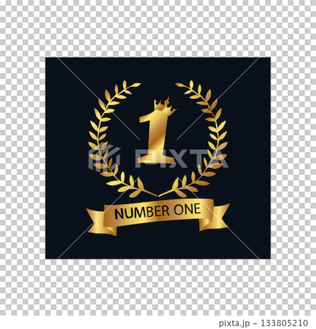 Golden Number One Award Emblem with Laurel Wreath golden 1 winner vector. 1 winner gold 133805210
