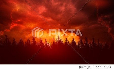 Dramatic landscape of the silhouette of a dark forest with orange and red stormy clouds in the sky. Extreme weather background Dramatic landscape of the silhouette of a dark forest with orange and red stormy clouds in the sky. Extreme weather background 133805283
