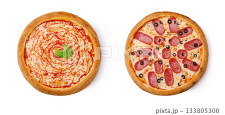 Delicious pizza varieties on a white background with vibrant toppings 133805300