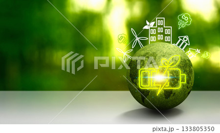 Green earth globe with a glowing neon style battery icon with a leaf. Concept of Bio Energy 133805350