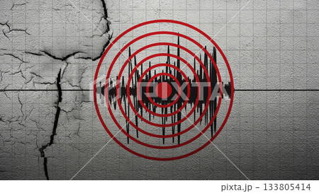 Earthquake with seismic wave represented by concentric red circles, overlaid on a cracked concrete wall background. Concept of Earthquake 133805414