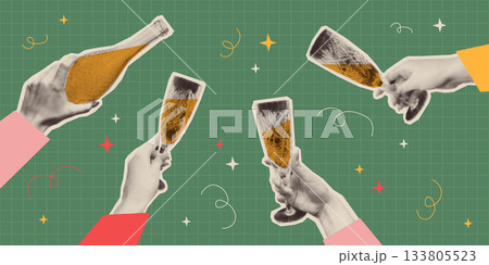 Retro Christmas collage with halftone champagne 133805523