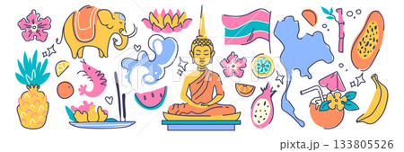 Thailand culture doodle set with Buddha statue Thailand culture doodle set with Buddha statue 133805526