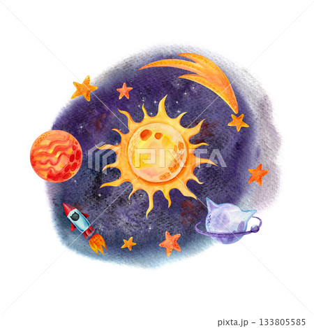 A children's space illustration with a rocket, stars, planets and the sun on dark background. A hand-drawn watercolor square composition for designing children's and holiday products and textiles. 133805585
