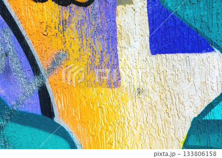 Textured Urban Graffiti Art in Bold Blue, Orange, Yellow with 80s Vibe 133806158