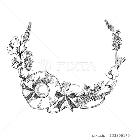 Lavender, ribbon bow, spartium flower stalks on natural straw hat. Isolated wreath frame illustration hand drawn in vector ink. Handmade accessories, floral branding, summer wedding invitations Lavender, ribbon bow, spartium flower stalks on natural straw hat. Isolated wreath frame illustration hand drawn in vector ink. Handmade accessories, floral branding, summer wedding invitations 133806170