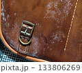 Close-up of mold growth on an old brown leather bag, showing white fungal patches and texture details. Useful for illustrating moisture damage, decay, and leather maintenance issues. 133806269