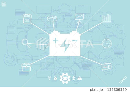 White battery icon is being shown on teal flat design infographic with data icons, gear outlines White battery icon is being shown on teal flat design infographic with data icons, gear outlines 133806339
