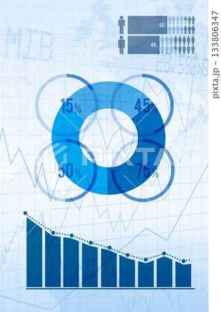Flat design data dashboard showing four-segment donut chart and bar graphs with silhouette icons 133806347