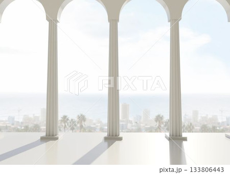 Room with pillars overlooking city and ocean 133806443